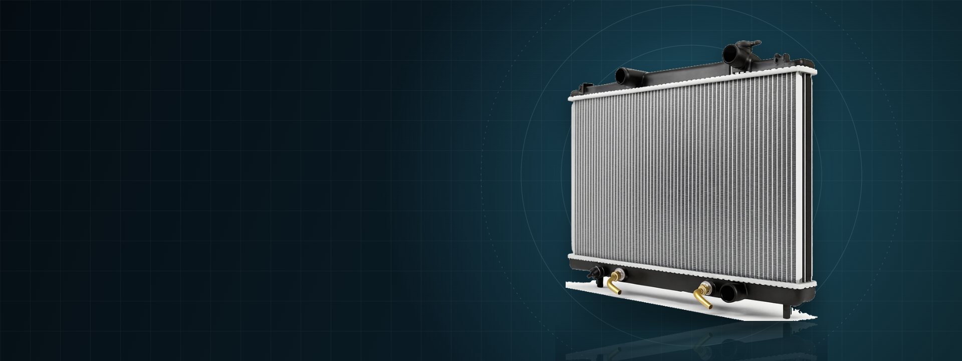 Complete aluminium radiator with plastic end tanks and brass drain fittings