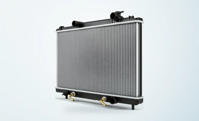 Complete aluminium radiator with plastic end tanks and brass drain fittings