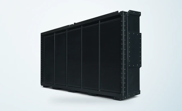 Copper brass locomotive radiator with five core sections in a bolted steel frame